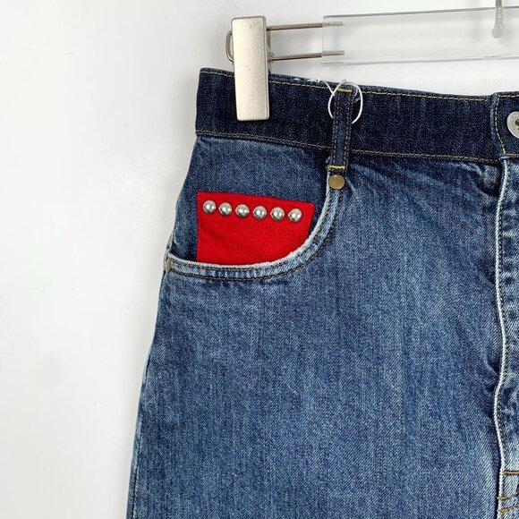 Miu Miu Distressed Denim Mini Skirt With Red & Blue Studded Pocket Accents - Picture 4 of 9